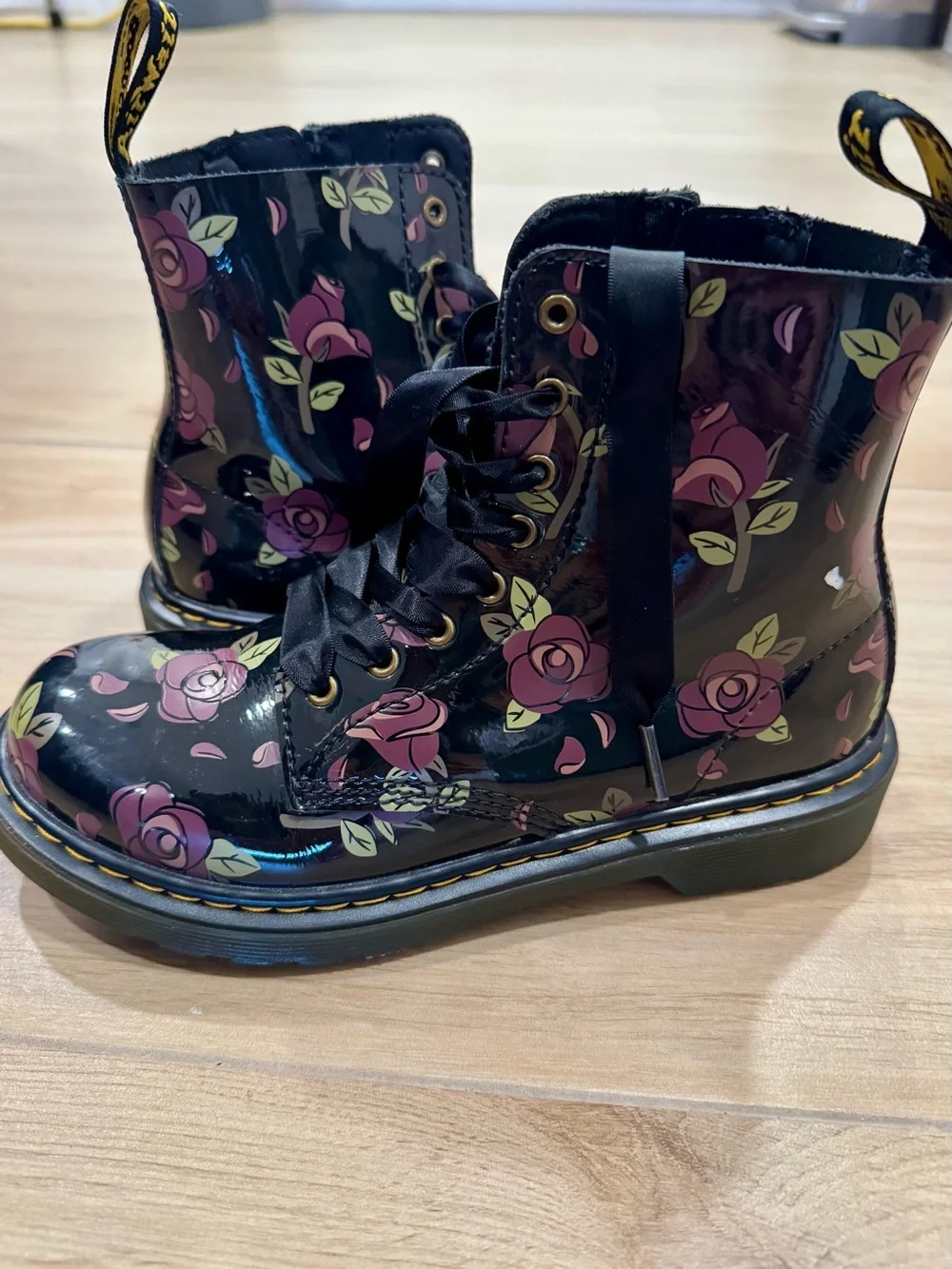 Dr. Martens Black Patent Lace-Up Boots with Pink Rose Print
